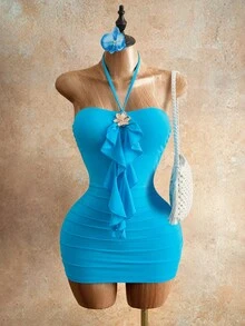 Mistrie 女士夏季度假3D立体花卉装饰荷叶边露背紧身连衣裙 - 藍色 - 查看 5
