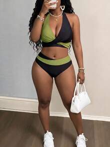 Maweii Conjunto de bikini de mujer talla grande con bloques de color y diseño personalizado de cuello halter, para usar en vacaciones y playas de verano - Verde - Ver 3