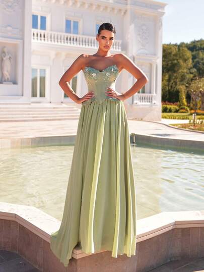 Glamrae Elegant, Romantic, Fashionable, Dignified Green Satin Chiffon Skirt With Applique Decor, Boned Bodice, A-Line Silhouette, Suitable For Elegant Parties, Wedding Guest Dresses, Bachelorette Parties, Formal Dinners