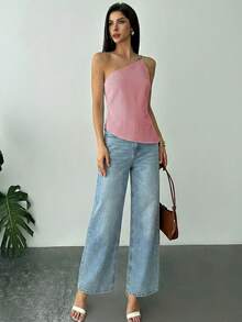 Firerie Áo kiểu dáng thanh lịch màu mơ nhạt bằng vải lanh, vạt bất đối xứng, eo nhún bèo, hở lưng, thích hợp cho mùa xuân/hè. - Đỏ và trắng - Xem 6