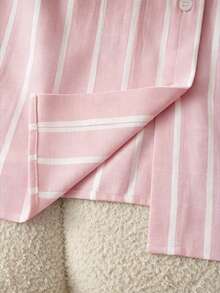 EMERY ROSE Conjunto de Praia de 2 Peças para Mulher, Camisa Solta de Manga Curta com Ombros Caídos e Calções de Cintura Elástica, 51% Algodão, Às Riscas Rosa e Branco, Verão, Casual, Férias e Feriados - Rosa - Ver 7