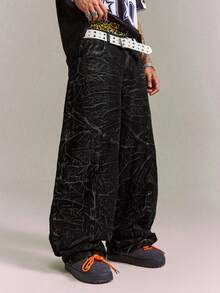 CRAVYNX Pleated Design Distressed Washed Black Denim Wide Leg Hiphop Jeans - Black - View 6