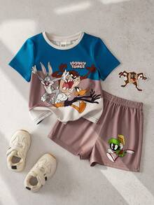 LOONEY TUNES X SHEIN Baby Boy Summer Casual Daily Commute Cartoon Print Contrast Color Short Sleeve T-Shirt And Shorts Set - Dark Green - View 3