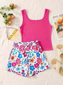 SHEIN TEENGIRL Orange Tank Top With Colorful Leaf Print & Loose Shorts Set, Vacation Style Suitable For Summer - Multicolor - View 2