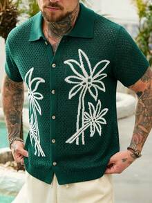 VENTUSAIL Men's Palm Tree Pattern Hollow Out Knit Short Sleeve Top, Holiday - Dark Green - View 5