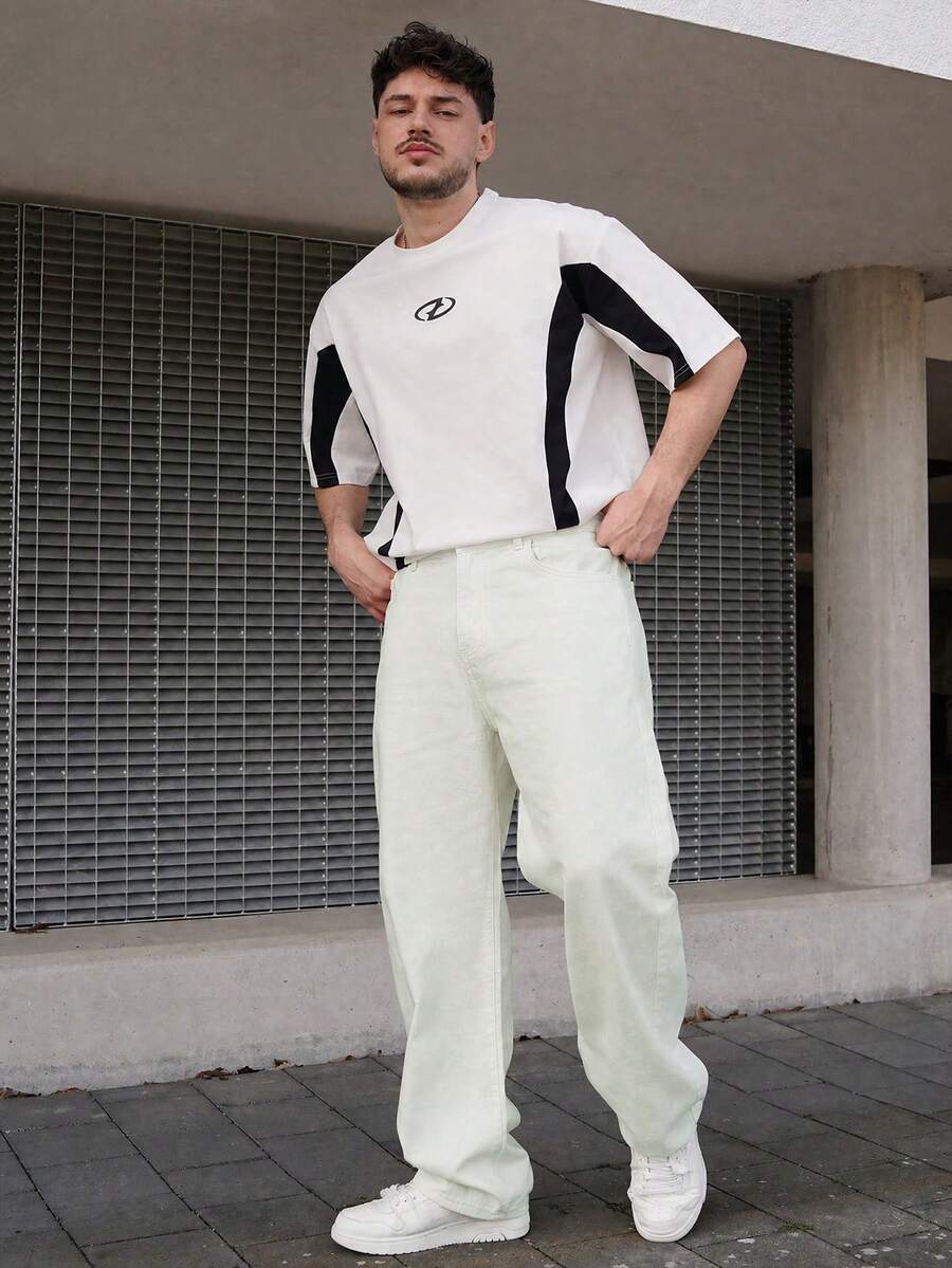 LEOGASHI LEOGASHI 1pc Infinite Jeans Men's Casual Straight Leg Jeans, High-Quality Streetwear Comfortable Pants (Belt And Accessories Not Included) - White - View 1