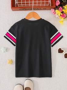 SHEIN 女婴时尚街头风圆领数字印花连衣裙，粉色，黑色 - 黑色 - 查看 2