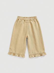 LMoss Kids Quần jeans ống rộng dáng casual cho bé gái, có thêu họa tiết và túi. - Màu Khaki - Xem 2