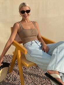 DAZY Women's Square Neck Fitted Ribbed Camisole Top, Summer - Khaki - View 3