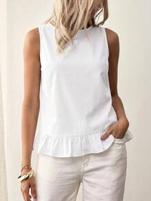 EMERY ROSE Plus Size Women Casual Sleeveless Solid Color Denim Blouse Formal Party White Summer - White - View 2