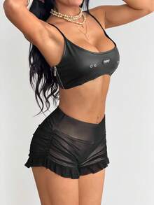 SHEIN ICON Women's Solid Color Ruffle Hem Fashionable Shorts - Black - View 5