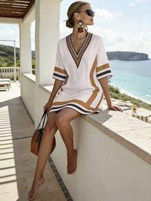 SHEIN Holidaya Women's Casual Vacation V-Neck Colorful Black Striped Short Sleeve Apricot Striped Pattern Crinkled Woven Fabric Midi Dress, Vacation Dress, Striped Dress, Casual Dress, Women's Holiday Dress, Beach Dress, Summer Island Dress, Elegant Dress, Summer Outfit Long Dress, Summer Outfit Striped Dress, Beach Dress - Ginger - View 3