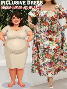SHEIN CURVE+ 大码女式印花方领泡泡袖系带中长连衣裙，米色涤纶印花泡泡袖中长连衣裙，方领系带A字廓形，浪漫风格，春夏花园户外休闲日常穿着，轻盈梭织面料，夏季连衣裙，挤奶女工连衣裙，野花连衣裙，田园风连衣裙，花园派对连衣裙 - 彩色 - 查看 2