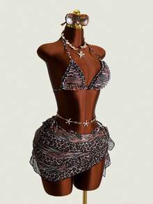 Swim SXY Sexy Tiger Print Micro Triangle Spaghetti Strap Halter Bikini Top, Tie Side Triangle Bottoms, And Ruffle Mesh Skirt 3-Piece Swimwear Set Beach - Multicolor - View 5