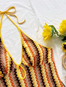 Soleia (No Chest Padding)Plus Size Yellow Summer Boho Vacation Holiday Multicolor Knit Striped Halter Backless Mini Jumpsuit, - Multicolor - View 3
