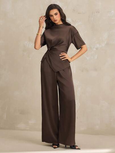 SHEIN Tall Modern Minimalist Design Coffee-Colored Set: Twist Pleated Asymmetric Hem Top, And Flowy Elastic Waist Wide Leg Pants. Comfortable Satin Fabric, Elegant Formal Wear For Women, Versatile For Multiple Occasions Like Family Gatherings, Fashion Events, Spring/Summer Vacation, Day To Night, Casual Everyday Wear