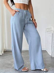 SHEIN Tall 女款長褲，紋理布料，腰部繫帶，適合高個女性 - 藍色 - 查看 4