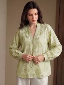 Anewsta Fashionable & Elegant Party Sequin Embroidered Long Sleeve Blouse For Women - Green - View 6