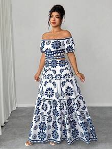 Elenzga Plus Size Two-Tone Print Off-Shoulder Waist Hollow Back Bow Decor Flared Maxi Dress, Elegant Boho For Outing, Date Beach Vacation, Party, White Summer - Blue and White - View 8