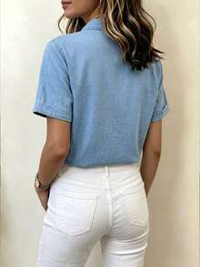 EMERY ROSE Women's V-Neck Single-Breasted Casual Everyday Denim Blouse - Blue - View 2
