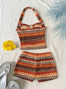 SHEIN Tween Girl Casual Minimalist Vacation Halter Top & Shorts Knit Jacquard 2-Piece Set Tween Girl - Khaki - View 2