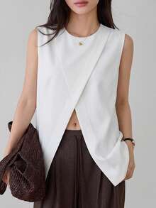 DAZY Women's Solid Color Crew Neck Slit Hem Casual Business Tank Top - White - View 9