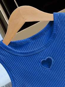 SHEIN Genkimix Kids Young Girls' Summer Hollow Heart Embroidered Fashionable Casual Sleeveless Top, Comfortable Versatile Solid Color Tank - Royal Blue - View 2