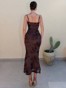 Bris Aura 3D Floral Sexy Slim Brown Suspender Dress Autumn Wedding Guest Dress Women Slim Maxi Dress Evening Dress Female Spaghetti Strap Cocktail Dress, Elegant Formal Dress Suitable For Nightclub, Party, Christmas Big Sexy Backless Tight Maxi Fishtail Dress, Suitable For Autumn Party Romantic Date - Brown - View 2