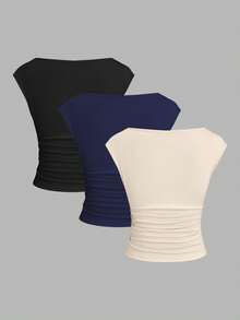 Sweetra 3pcs/Set Sexy Backless Breathable Moisture-Wicking Fitted Short Sleeve Top/T-Shirt For Women - Multicolor - View 2