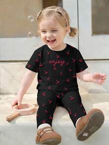 Baby Girl Cute Black And Red Cherry Letter Pattern T-Shirt & Leggings Set,Autumn Family Matching Casual Round Neck Long Sleeve Outfit For Vacation - White - View 4