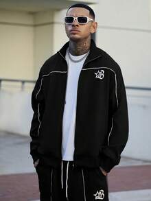 Devon Thys Manfinity Streetrush 男士五角星印花长袖外套和裤子休闲套装，秋季服装 - 黑色 - 查看 6