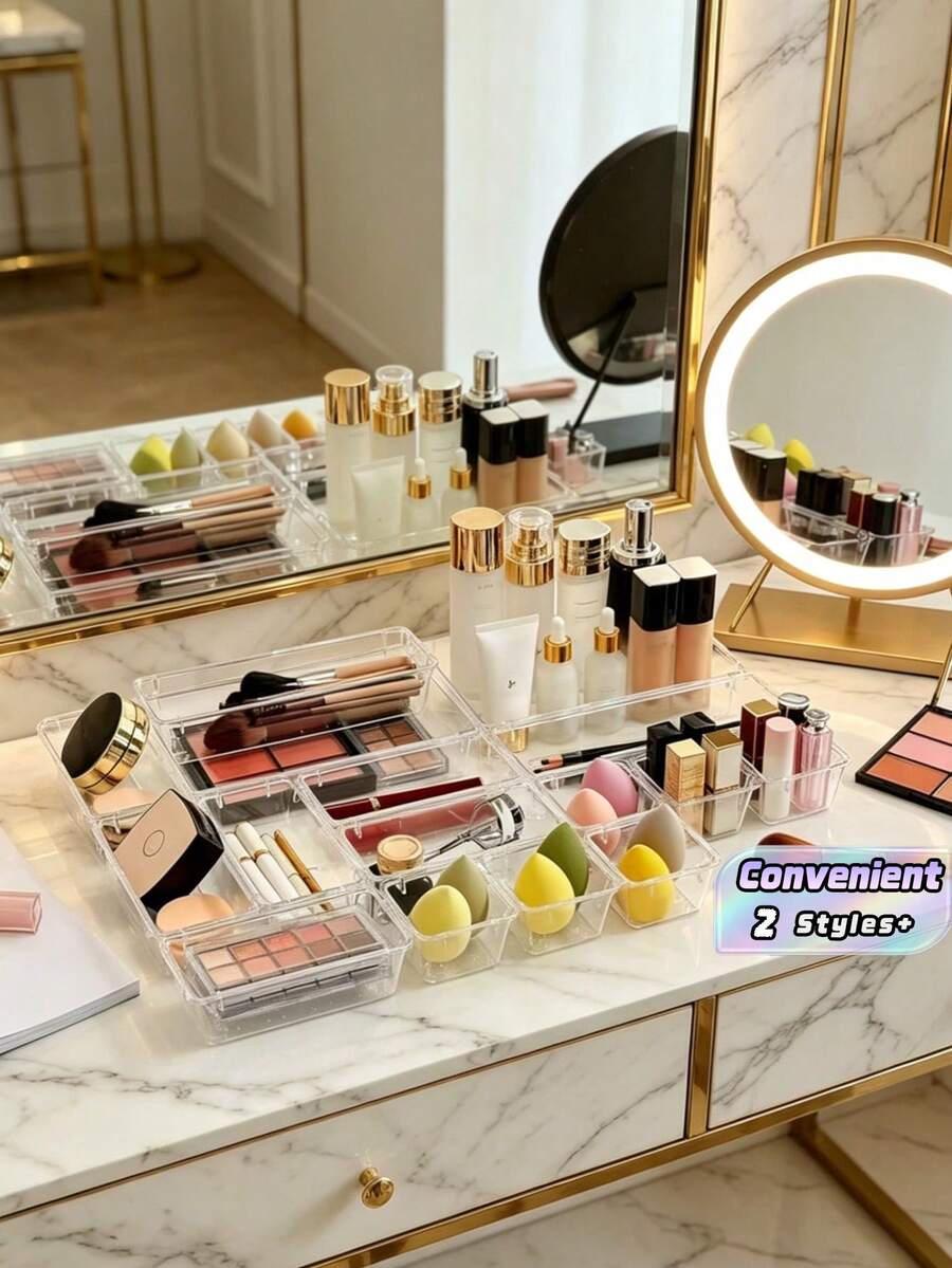11-Piece Tray Set, Dresser Drawer Transparent Storage Box Set, 4 Sizes Of Trays, Multi-Purpose, Used For Cosmetics, Pens, Gadgets, Very Suitable For Bathrooms, Dressing Tables, Office Drawers.,For Holiday Beach, Bathroom Collection, Bedroom Collection, Large Capacity - Clear - View 1