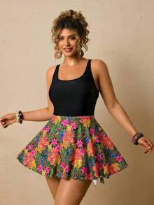 Travachic Plus Size Women Black Patchwork Print One-Piece Swimsuit - Multicolor - View 5