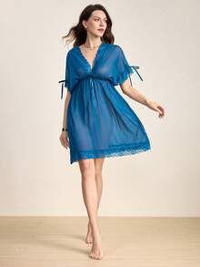 Hourtrue Lace Trim Bow Batwing Sleeve Mesh Pajama Nightdress - Teal Blue - View 10