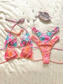 Elavelle 2026 Spring/Summer Colorful Shell Strap + Orange Shell Strap Halter Tie Side High Cut 4-Piece Bikini Swimwear, Suitable For Beach Photography - Multicolor - View 4