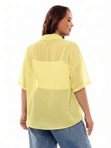 SHEIN EZwear 大码女式透视短袖上衣 - 黃色 - 查看 3