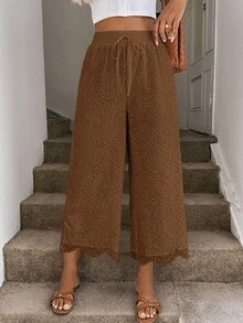 Easowa Women's Casual Eyelet Embroidery Cropped Pants, Suitable For Vacation Outdoor, Autumn Vacation Brown - Khaki - View 6