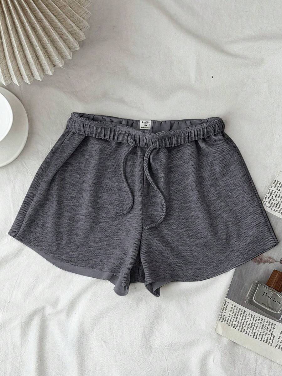 SHEIN 少女舒适抽绳腰带卷边短裤,夏季 - 深灰色 - 查看 1