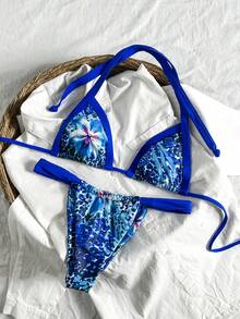 Swim Mod Conjunto de bikini de 2 piezas para mujer de verano con estampado aleatorio, halter, espalda descubierta y tanga - Multicolor - Ver 2