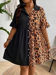 SHEIN Clasi 大码女式豹纹短袖单排扣休闲衬衫裙 - 彩色 - 查看 3
