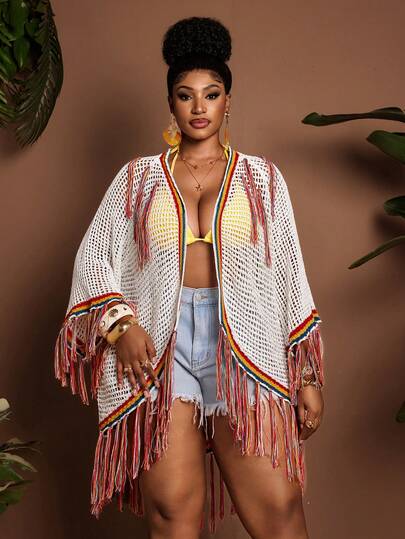 Maweii Cárdigan de punto para mujer de talla grande, de manga larga, de tres cuartos, blusa, de forma irregular, talla grande corta por delante y talla grande larga por detrás, calada, con flecos de colores, sexy, elegante, estilo casual, ropa de vacaciones, contraste de multicolor, adecuado para verano, primavera y otoño.