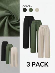 SHEIN Essnce Plus-Size Women's 3 Pack Wide-Leg Pants,Dark Green Autumn Smart Casual Everyday Elastic Waist Loose Baggy Comfortable Versatile Basic Bottom - Multicolor - View 2