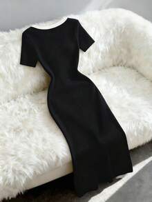 SHEIN PETITE Đầm dệt kim kiểu Pháp thanh lịch với viền tương phản, cài cúc phía trước, tay ngắn. - màu đen - Xem 2