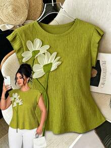 Elenzga Plus Size Women's Elegant And Fashionable Top, Suitable For Work, Casual And Holiday Wear. Made Of Rich Textured Stretchy Knit Fabric, Decorated With Wavy Pattern. Round Neck Design With Contrast Floral Ruffle Trim. Fitted Short Sleeve. Green. Spring/Summer. - Green - View 9