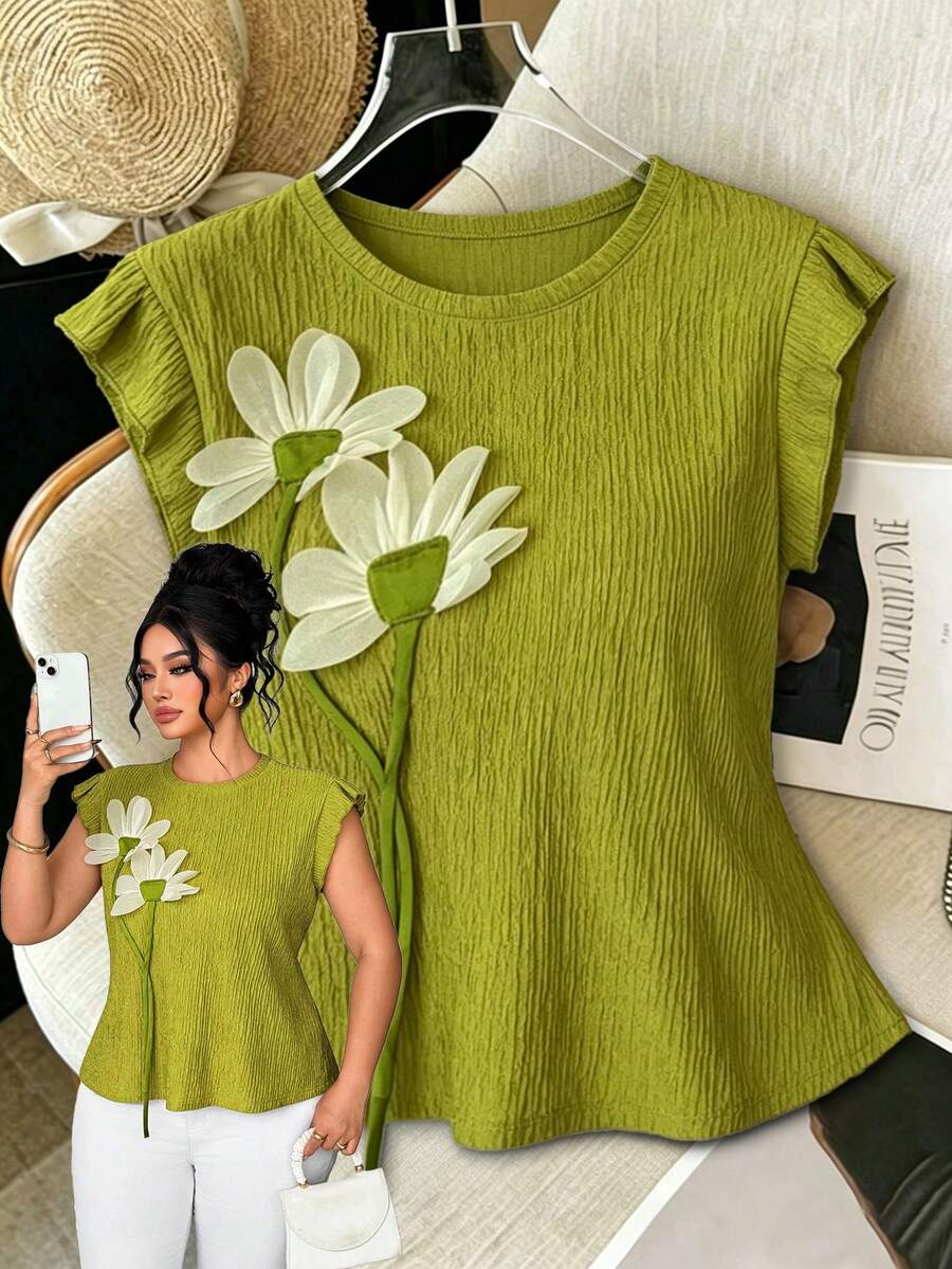 Elenzga Áo kiểu nữ cỡ lớn thanh lịch và thời trang, phù hợp cho công sở, thường ngày và các kỳ nghỉ. Được làm từ chất liệu vải dệt kim co giãn cao cấp, trang trí bằng họa tiết lượn sóng. Thiết kế cổ tròn với viền bèo hoa tương phản. Tay ngắn ôm sát. Màu xanh lá cây. Mùa xuân/hè. - màu xanh lá - Xem 1