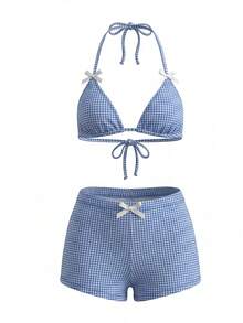 Sweetra Women's Sweet Plaid Textured Triangle Cup Halter Neck & Hipster Bikini Set For Summer Beach Vacation - Blue - View 1