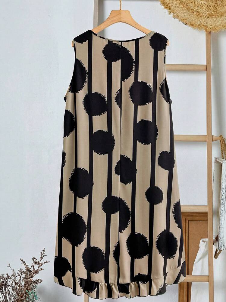 Plus Size Women Striped Geometric Print Round Neck Sleeveless Casual Dress Summer Summer Outfit For Women Festival Outfits For Women Beach Outfits For Women Vacation Outfits Women Holiday Outfits  For Women Country Concert Outfit Country Dress For Women