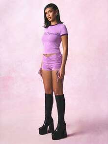 SUMWON WOMEN Graphic Baby Ringer Tee With Script Text Print Short Sleeve Crop Top - Lilac Purple - View 6