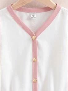 SHEIN 2件組 青少年女孩對比色V領短袖上衣與休閒長褲套裝 - 粉色 - 查看 4