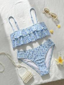 Swim Mod 花卉飾邊可愛甜美復古休閒海灘度假女款泳裝套裝 2026新款女裝泳衣，適用於學校、假期、約會、下午茶、西式、郵輪、海灘、島嶼、公路旅行、四季、音樂節、波西米亞度假、波西米亞風度假、悠閒秋季、西式波西米亞、優雅女上衣 - 彩色 - 查看 3